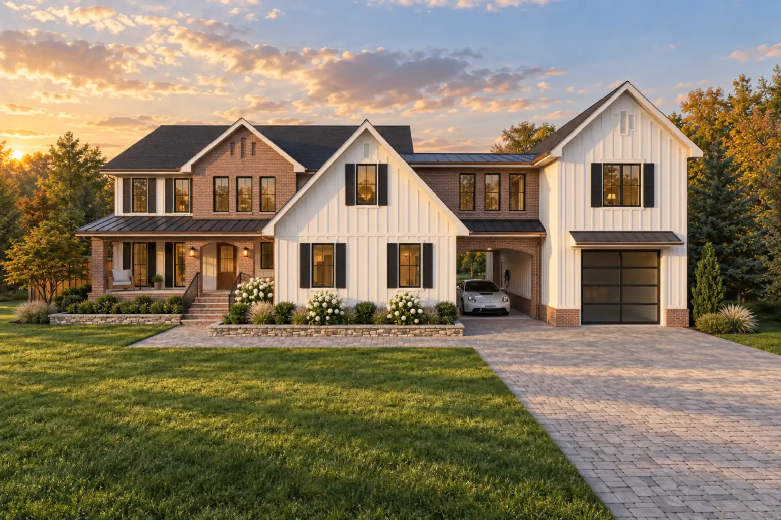 A two-story farmhouse at sunset, with white board and batten gables, red brick wings, black shutters and a glass garage door, behind a wide green lawn