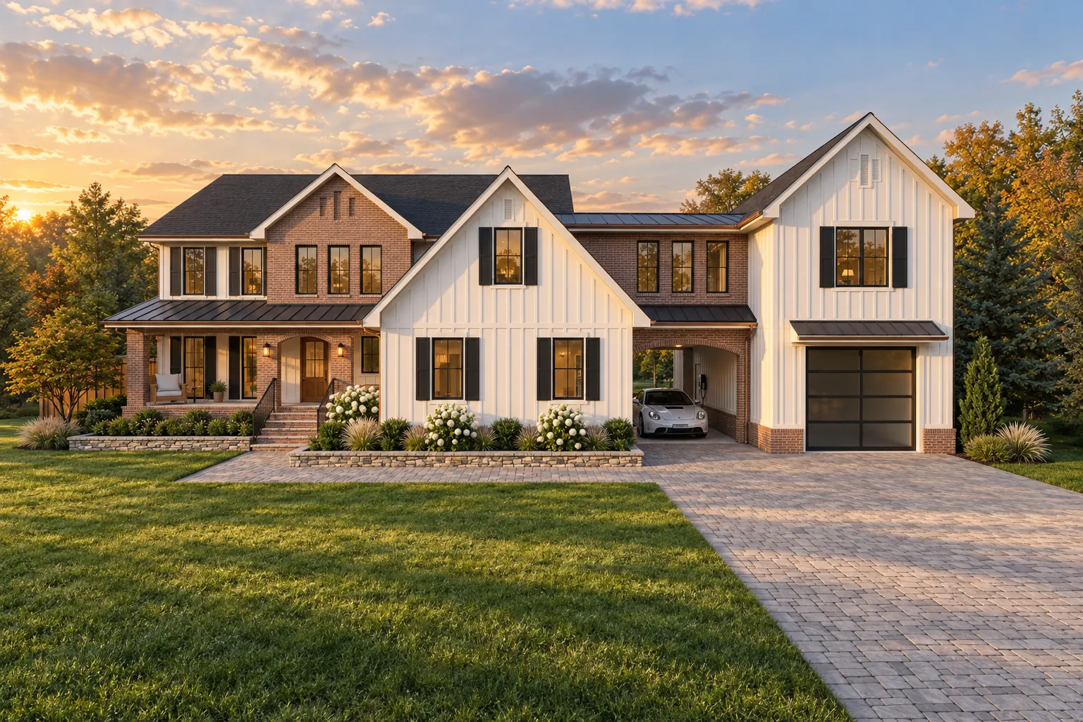 A two-story farmhouse at sunset, with white board and batten gables, red brick wings, black shutters and a glass garage door, behind a wide green lawn