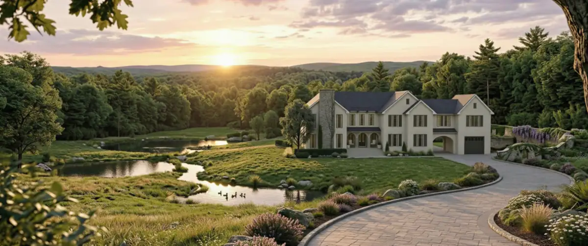 A cream country estate at golden hour, set back behind a winding pond, a paver drive and wildflowers, with the sun low over wooded hills