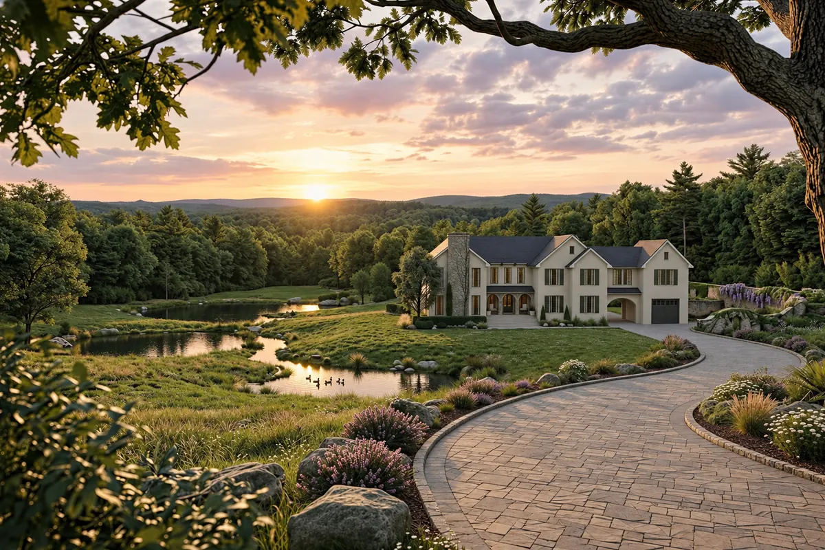 A cream country estate at golden hour, set back behind a winding pond, a paver drive and wildflowers, with the sun low over wooded hills